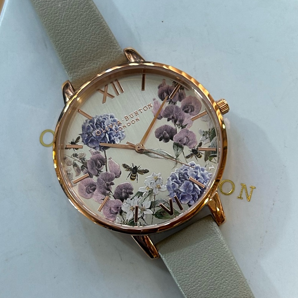 OLIVIA BURTON ENCHANTED GARDEN WATCH WITH 38mm SILVER FLORAL FACE & GREY BAND